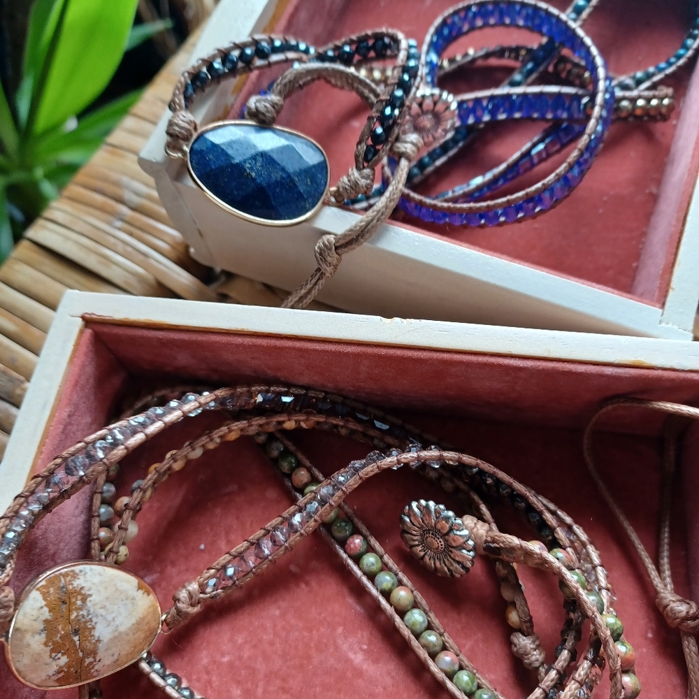 Two/New 3Ft Long Bracelet Wraps w Agate Stones